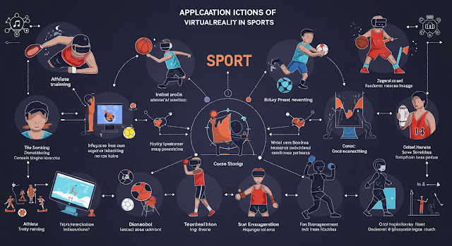 Una infografía que ilustra las aplicaciones de la Realidad Virtual en el deporte, destacando áreas como el entrenamiento de atletas, la prevención de lesiones, la participación de los aficionados y el entrenamiento virtual. El diseño es moderno y tecnológico.