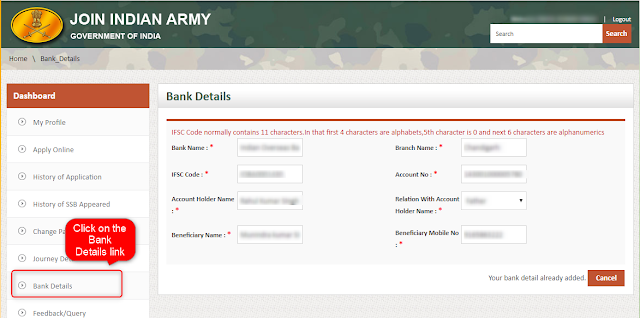 Bank Information tab from Joinindianarmy interface