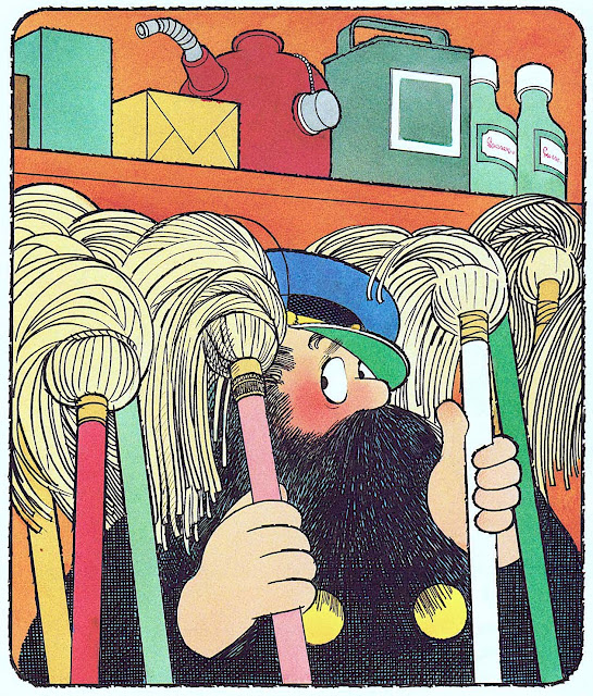 from a children's book by Wende and Harry Devlin, a man hiding in a broom closet