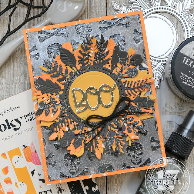 Boo Halloween Card created by Juliana Michaels featuring Tim Holtz Ranger Ink Distress Texture Paste Sparkle and Scrapbook.com Cozy Autumn Wreath Die Set