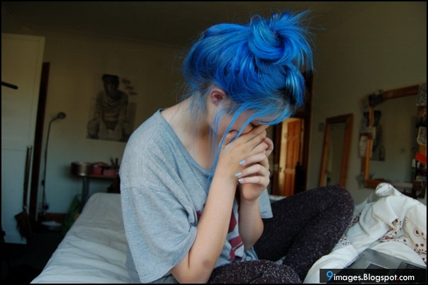 Sad, alone cute, emo-girl, blue-hair