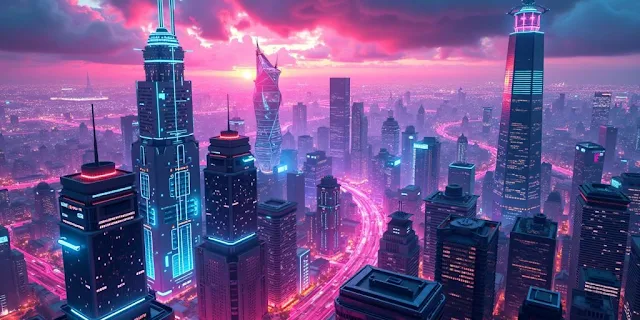 Futuristic cityscape with digital elements and neon lights, in AI-Powered DeFi