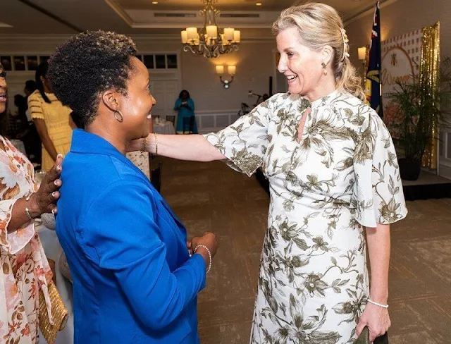 On the Turks and Caicos Islands, the Countess of Wessex wore a Nixie silk crepe de chine dress by Erdem