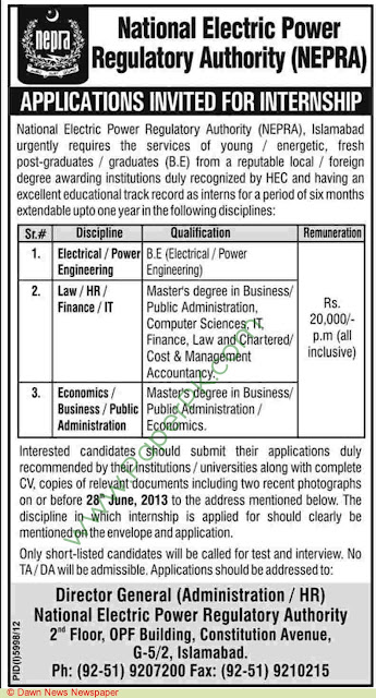 Nepra Islamabad Jobs 2013 ad published in Dawn News Newspaper on 18 June, 2013