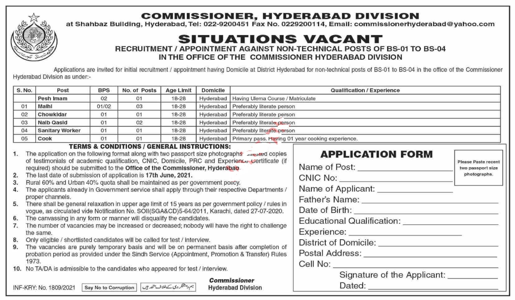 Commissioner Hyderabad Division Jobs 2021 for Malhi, Pesh Imam, Chowkidar, Naib Qasid, Sanitary Worker, Cook