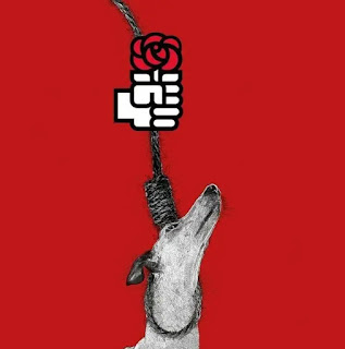 Cartel rojo en el que se ve a un galgo atado por el cuello con una soga de la que tira una mano que es el logotipo del PSOE