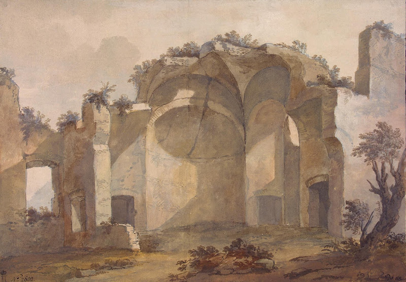 Ruins of a Building at the Villa of Emperor Hadrian in Tivoli by Charles-Louis Clerisseau - Architecture, Landscape Drawings from Hermitage Museum