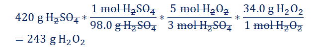 De acuerdo a la siguiente ecuación, ¿cuantos gramos de H2O2 se requieren para consumir completamente 420 g H2SO4? 5H2O2+2KMnO4+3H2SO4 →K2SO4+2MnSO4+5O2+8H2O