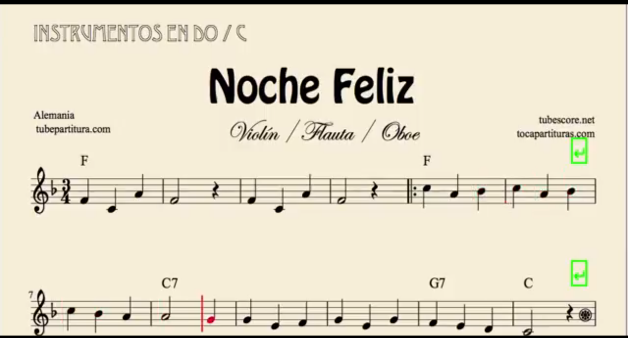 Noche Feliz Partitura de Flauta, Violín, Saxofón Alto, Trompeta, Viola, Oboe, Clarinete, Saxo Tenor, Soprano Sax, Trombón, Fliscorno, chelo, Fagot, Barítono, Bombardino, Trompa o corno, Tuba...