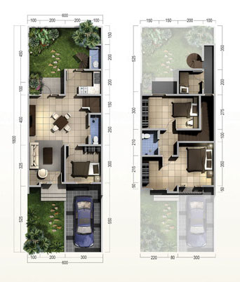 Denah rumah minimalis ukuran 6x18 meter 4 kamar tidur 2 lantai