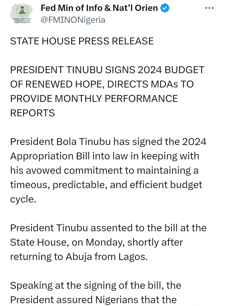 President Asiwaju Bola Ahmed Tinubu signs 2024 Budget of Renewed Hope in the presence of the President of the Nigerian Senate, Godswill Akpabio and others