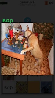 Собака ворует со стола остатки пищи, поставив свои лапы на поверхность