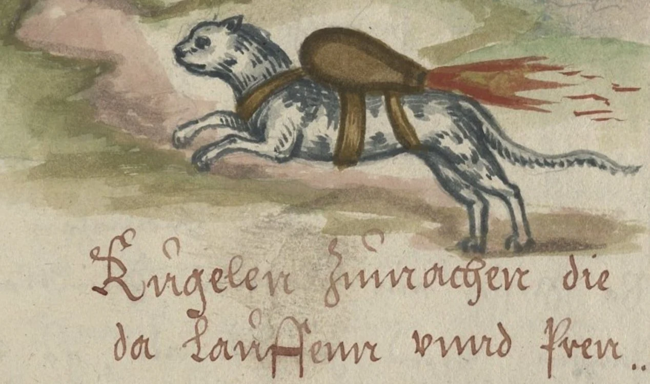 Por que esta ilustração do século XVI  mostra um gato com um propulsor a jato nas costas?