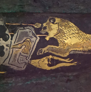 Detail der Löwenjagd im antiken Mykene: Ein Jäger wurde vom Löwen getötet