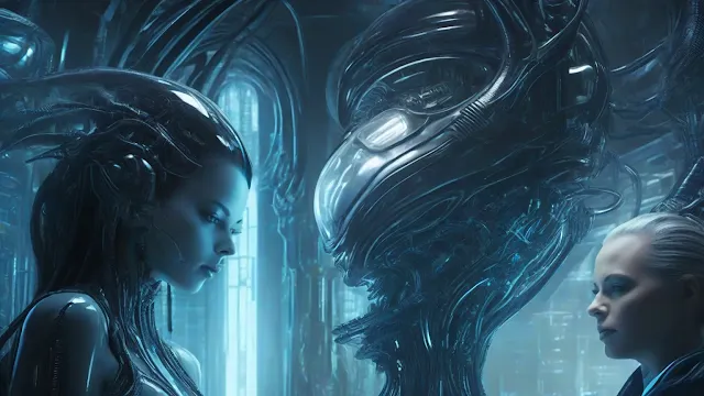 AI Generated Image Representing:  Unveiling the concept of intellectual property rights under the contract act in a captivating digital illustration. Drawing inspiration from H.R. Giger's unique style, envision a futuristic courtroom. Cool color temperature, stoic facial expressions accentuating legal gravity, ambient lighting to enhance the cyber-legal ambiance.