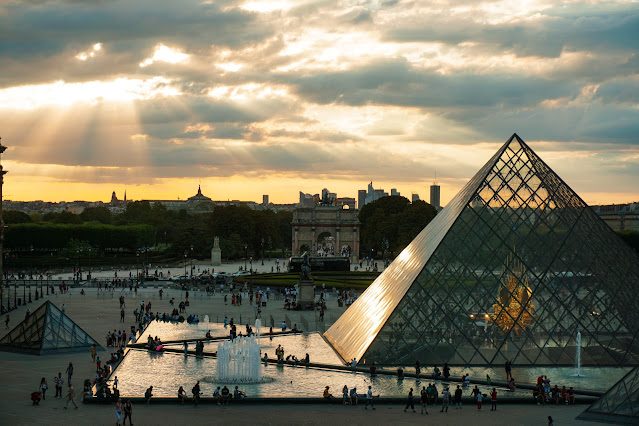 Looking down on the Louvre Pyramid and Arc and Triomphe du Carrousel in Paris