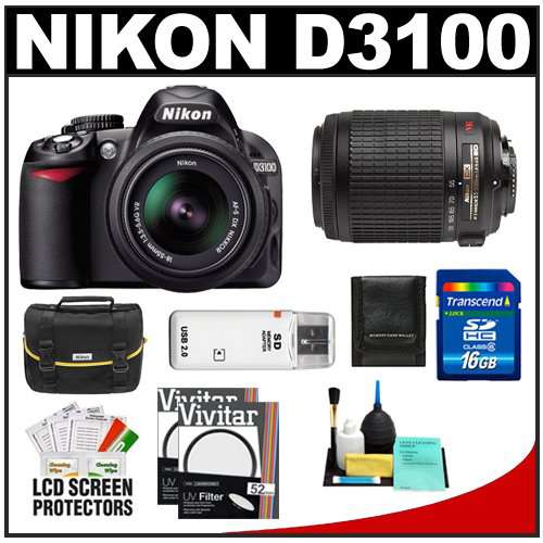 Nikon D3100 Digital SLR Camera & 18-55mm VR + 55-200mm VR Lens with 16GB Card + Filters + Case + Accessory Kit