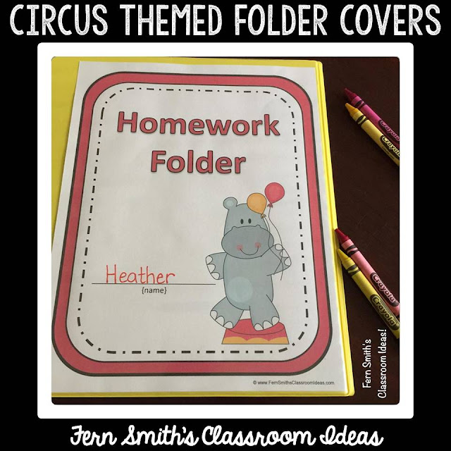 Student Binder Covers - Circus Fun Student Work Folder Cover  Do you use student daily work folders in your classroom? I love how it helped keep my students organized.  Even in first grade they were able to pull out their RED CENTER folder. This helped to eliminate missing work and work stuffed into the back of the desk, that normally would never be seen again!  The circus is a timeless theme, children love the animals, clowns and the circus acts. Is the circus your classroom theme? If so, you will love how inexpensively these folder covers can help with your classroom management. The students can keep certain folders in their desk and other folders, for example, their Homework Folder, can be in a bucket at the door for a parent volunteer to stuff each day.