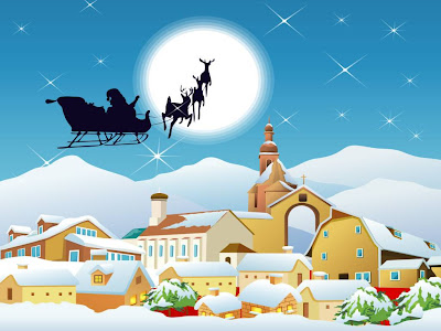 Santa Claus pasa por ciudad cubierta de nieve en Navidad