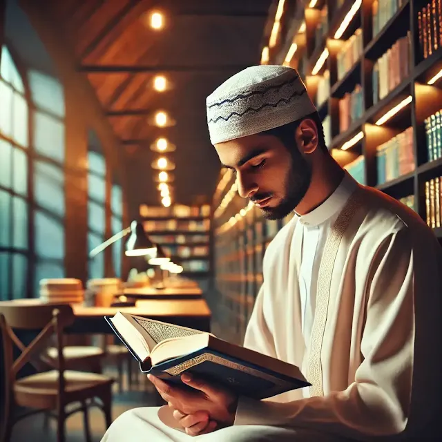 Seorang mualim sedang membaca buku di perpustakaan.