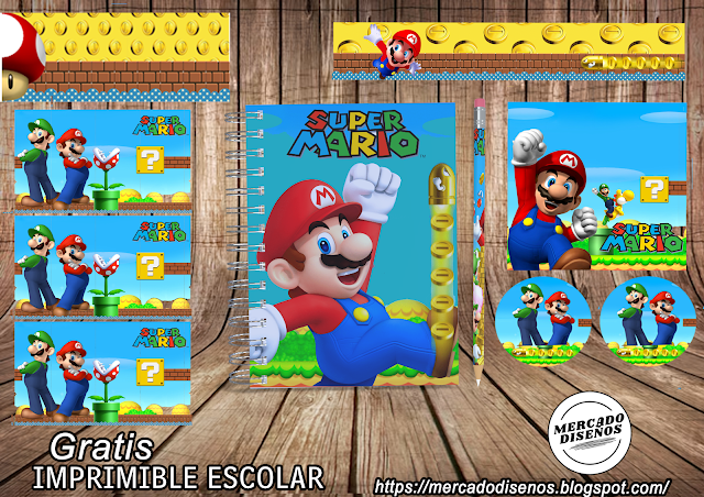 cuaderno decorado con diseño de Mario Bros etiquetas escolares