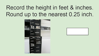 Record the height in feet & inches. Round up to the nearest 0.25 inch. The height is read at the third line past 63 inches.