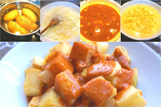 Patatas con salsa brava. Bravas como las de los bares.