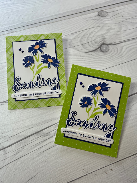 Two cards on green backgrounds with blue floral die cuts using Sending Smiles Stamp Set From Stampin' Up!