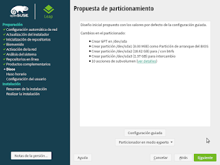 Pantalla Particionamiento instalador opensuse Cosvernauta