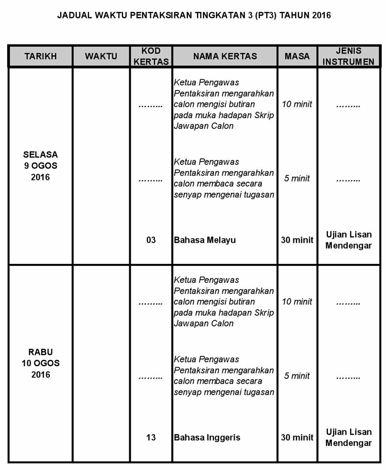 Jadual Waktu Pentaksiran Tingkatan 3 (PT3) Tahun 2016 