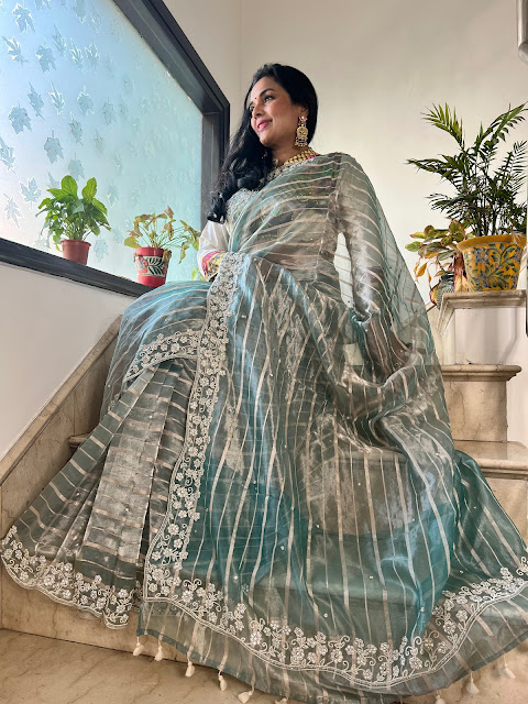 Teal colour embroidered Kora silk saree