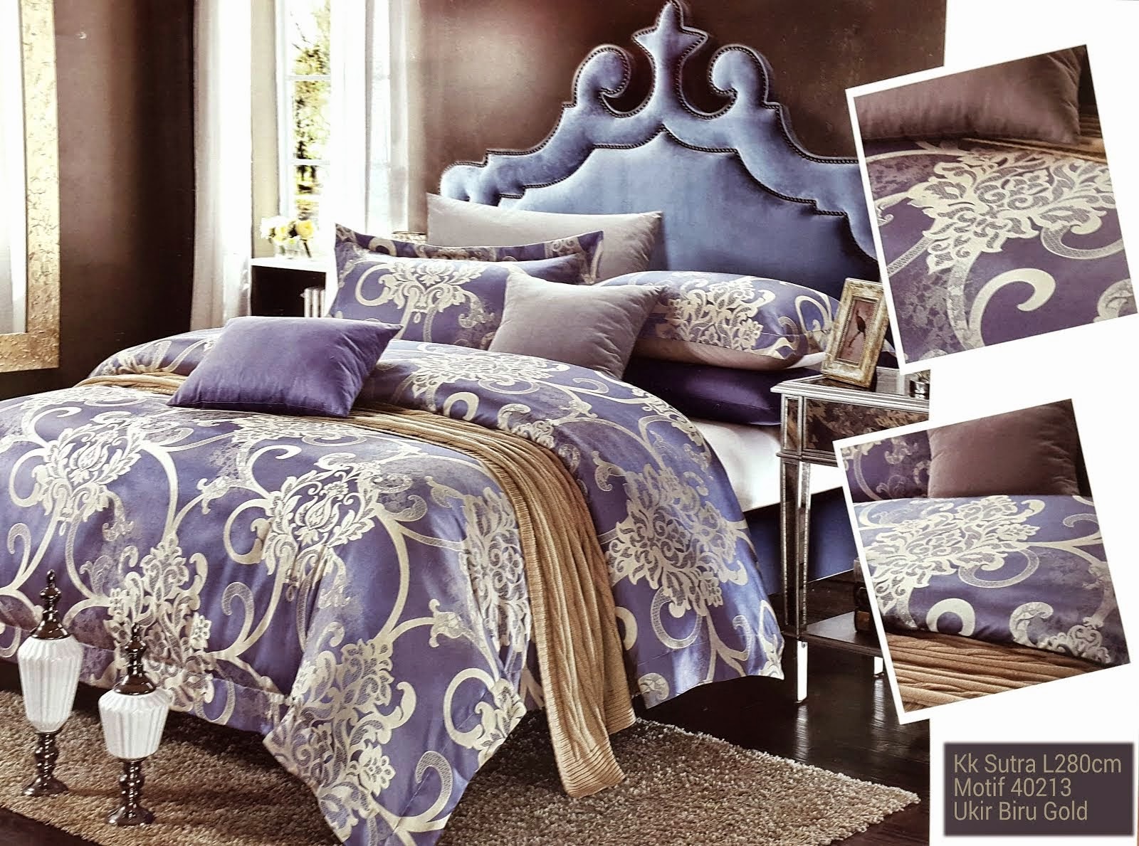 Sprei King Koil Sutra Motif Ukir Biru Gold