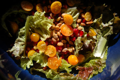 My salad using the last of our cherry tomatoes and the pomegranate seeds