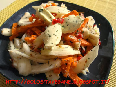 carote, Contorni, curcuma, finocchio, gomasio, insalata, latte di soia, limoni, maionese, melagrana, melissa, ricette vegan, zenzero, 