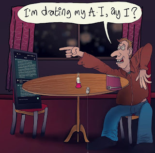 Cartoon date scene a man and a large chatbot