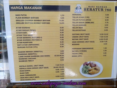 Senarai harga makanan Nasi Kandar beratur 786