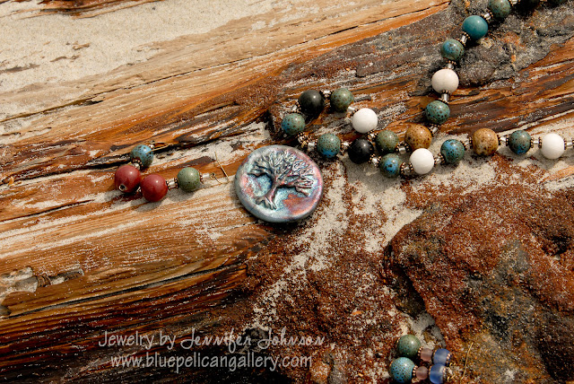 Multicolor Earthtone Porcelain Bead Set with Handmade Raku Tree of Life  Pendant by NC artist Olivia Brown