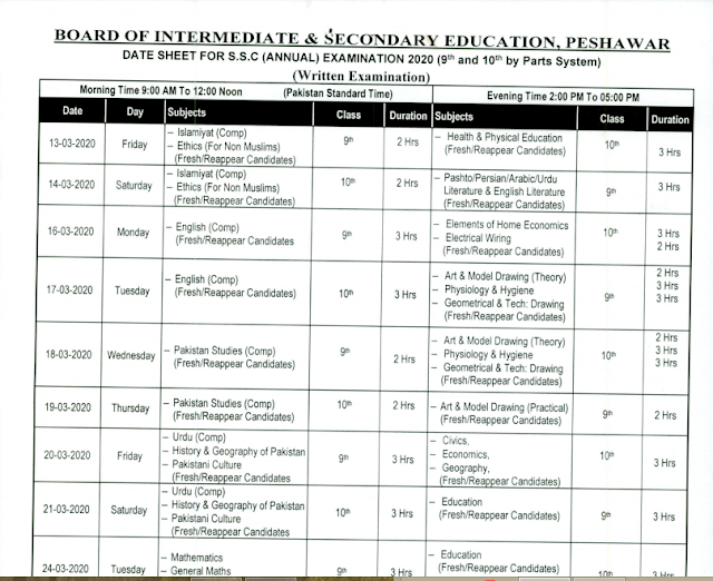 Bise Peshawar has Announced Datesheet for SSC Annual Exam 2020(9th and 10th)