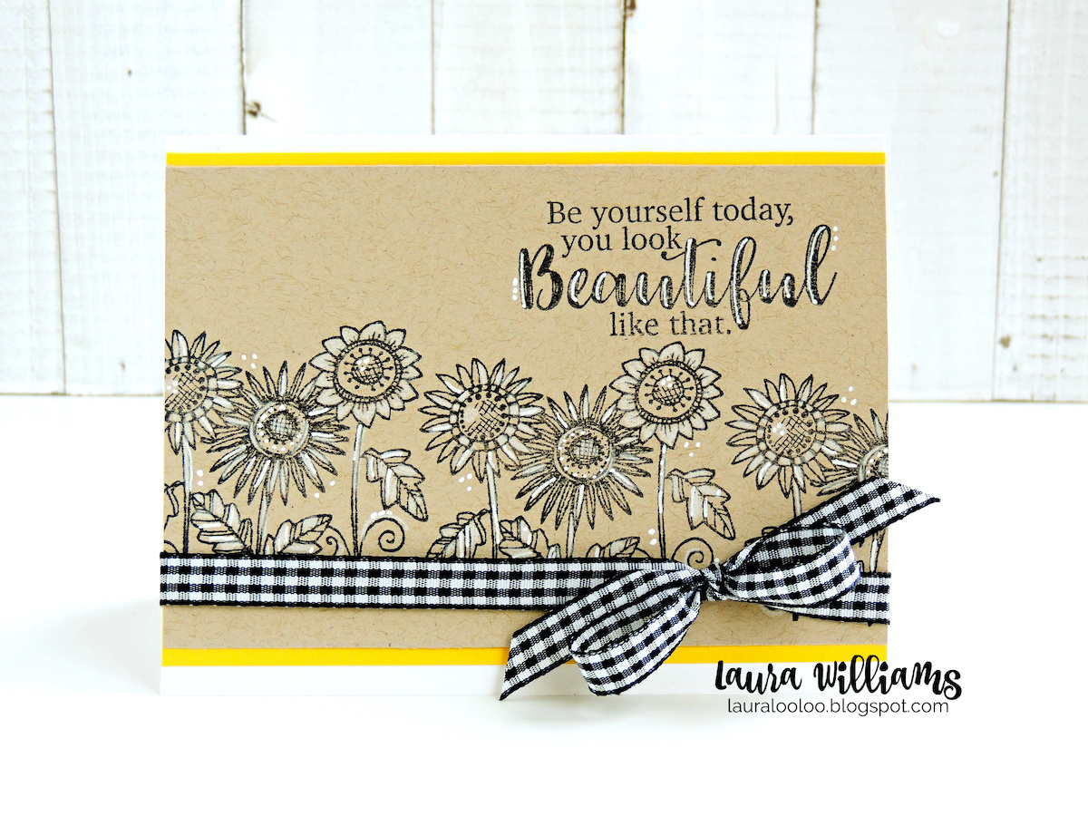 Click to learn how to make a simple handmade floral card with sunflowers. Add simple details with a white pen plus lots of personality thanks to black and white gingham ribbon. Find ideas and inspiration with Impression Obsession stamps on my blog #cardmaking #handmadecards #rubberstamps