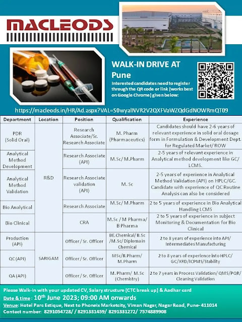 Macleods Pharma Walk In Interview For Production/ Analytical Method/ Bio Analytical/ Bio Clinical/ QC/ QA - At Pune