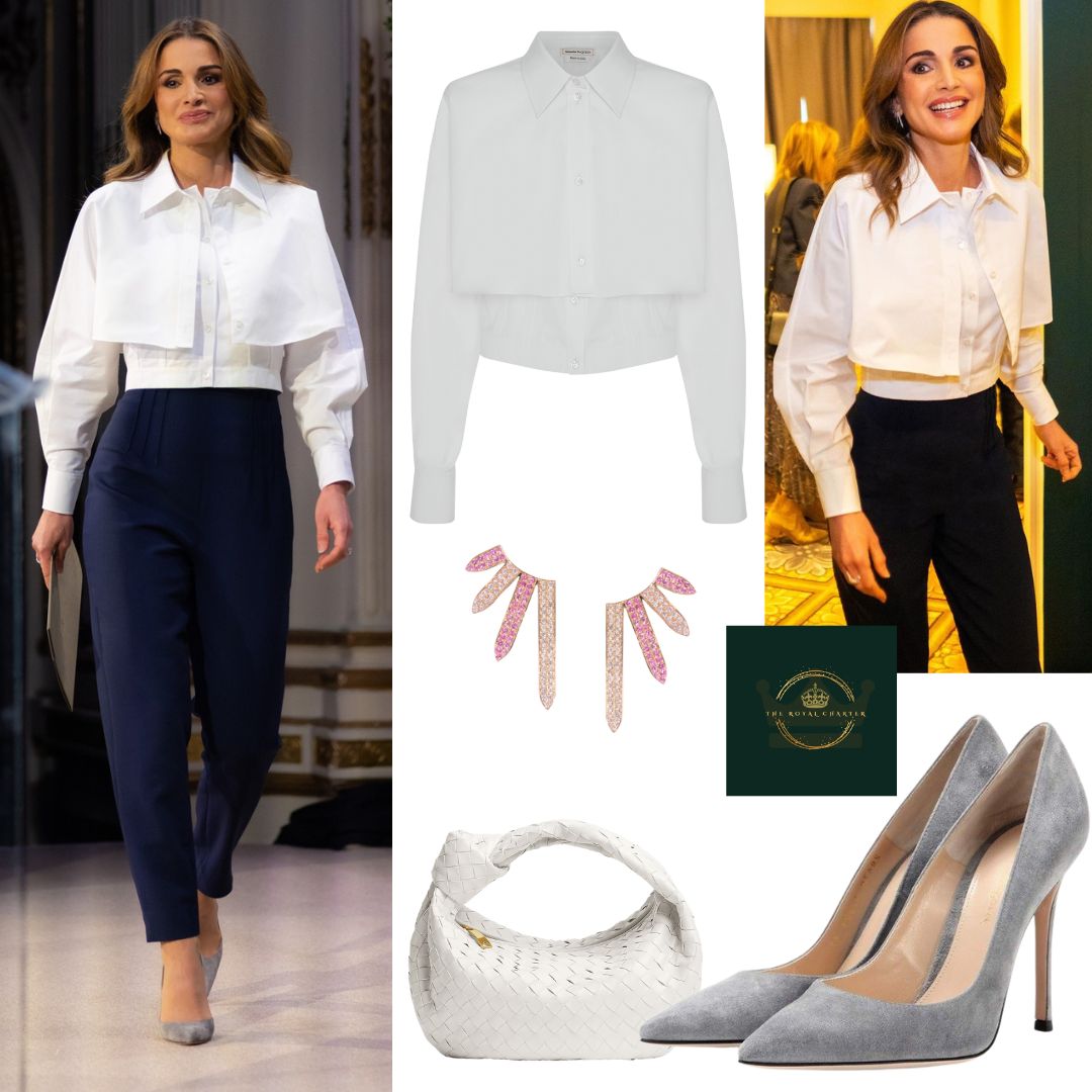 Queen Rania of Jordan was wearing a white alexander mcqueen shirt with blue trousers, gianvito rossi pumps, Ralph masri earrings and bottega veneta bag at the earthshot prize innovation summit