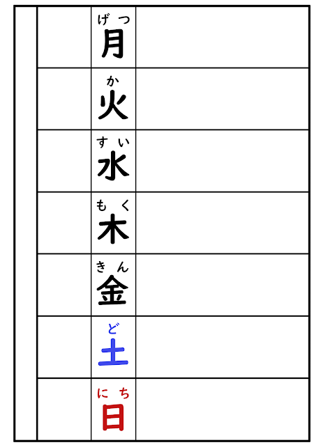 一週間の予定がわかるように作ったスケジュールです。ラミネートしてホワイトボードマーカーで書き込みます。