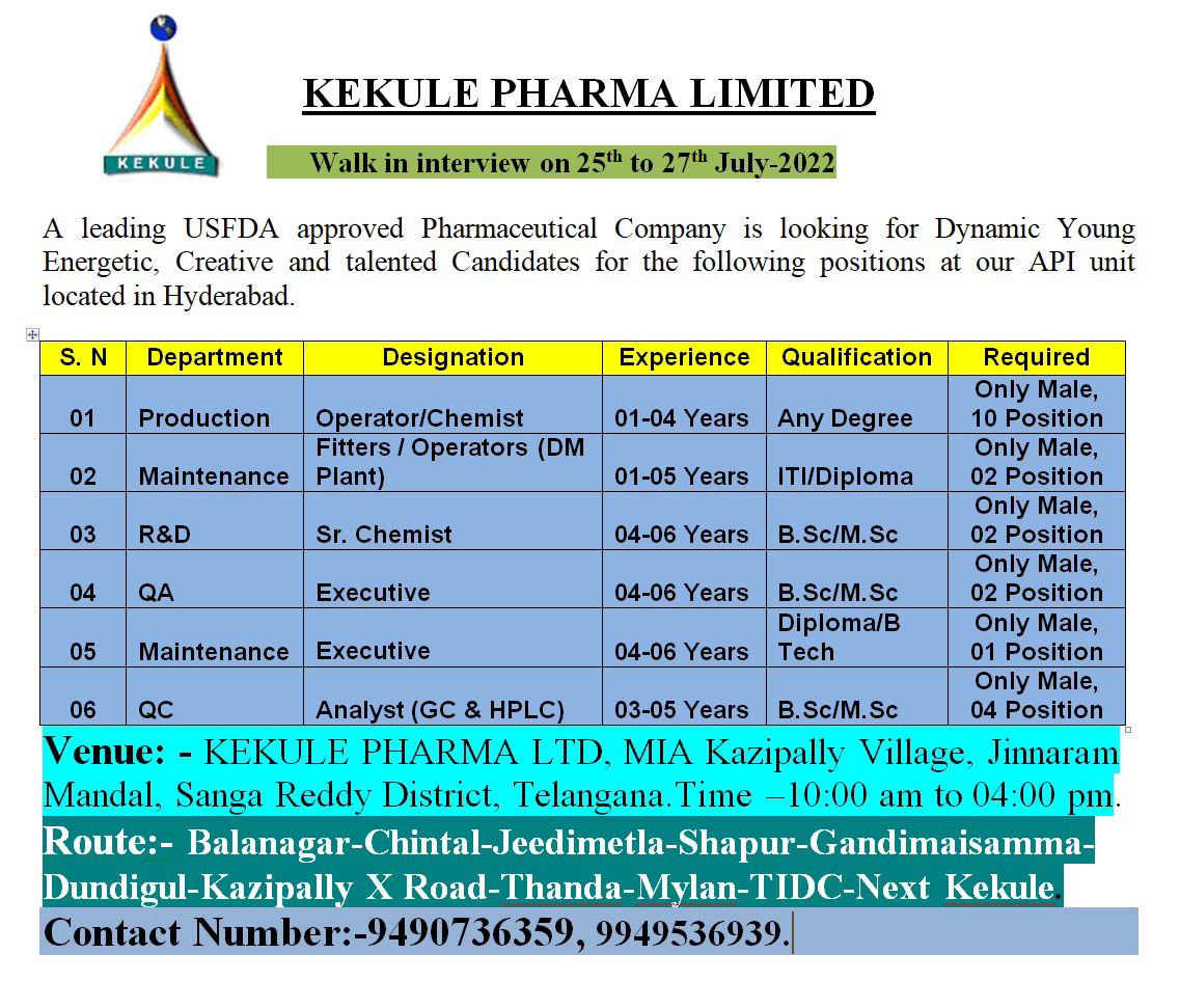 Job Available's for Kekule Pharma Ltd Walk-In Interview for ITI/ Diploma/ BSc/ MSc/ B Tech