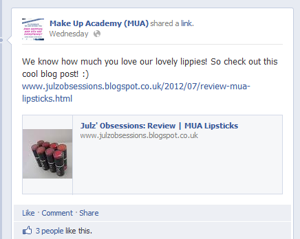 Facebook post which says 'We know how much you love our lippies! Check out this cool blog post! :)'