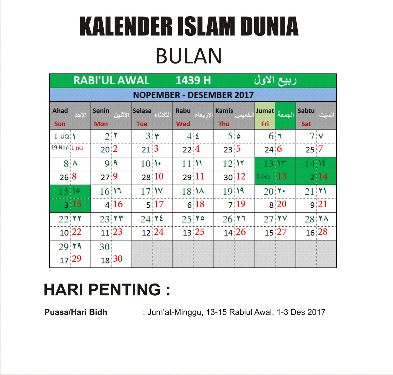 Kalender Islam Bersatu Bulan Rabiul Awal 1439 H Hikmah 313