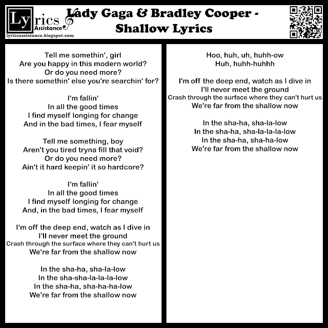 Lady Gaga & Bradley Cooper - Shallow Lyrics | lyricsassistance.blogspot.com