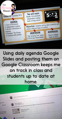 Using a daily agenda slide created using Google Slides helps me to stay organized and on task in class. Posting these Slides in Google Classroom and on my Google Sites class website has helped students and parents stay informed as well.