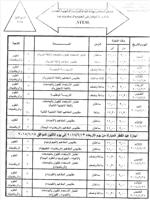 الجدول النهائى، لامتحانات الثانوية العامة للطلبة للمكفوفين 2018