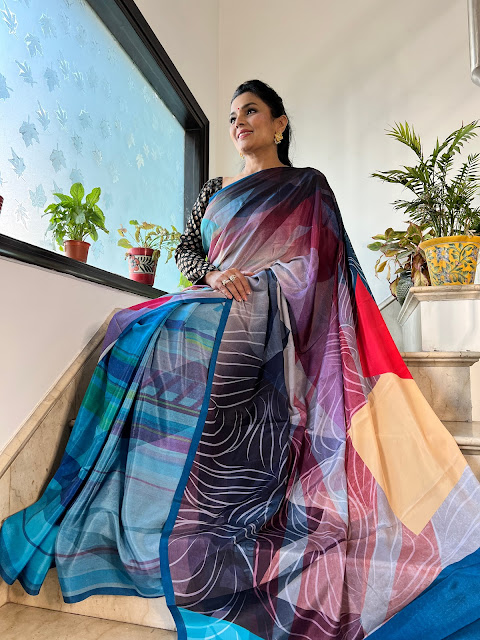 Multicolour crepe silk digital print saree