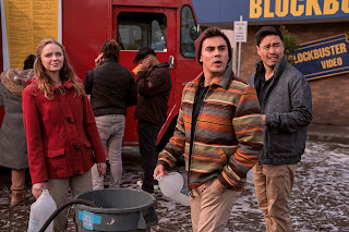 Blockbuster. (L to R) Madeleine Arthur as Hannah, Tyler Alvarez as Carlos, Randall Park as Timmy in episode 101 of Blockbuster. Photo courtesy of Netflix